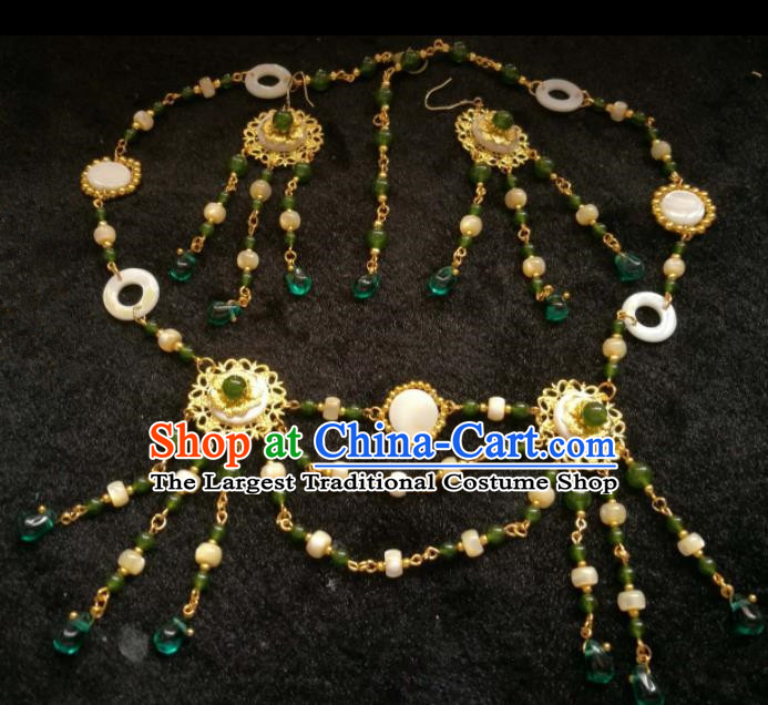Chinese Traditional Green Beads Necklace Ancient Palace Handmade Hanfu Necklet for Women