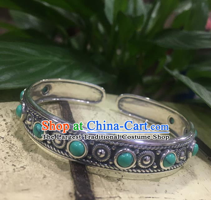 Traditional Chinese Mongolian Ethnic Carving Sliver Bracelet Mongol Nationality Kallaite Bangle Accessories for Women