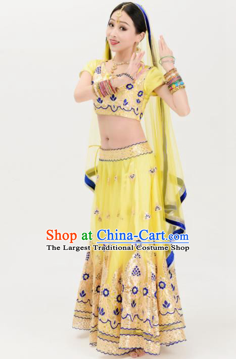 Asian India Traditional Yellow Sari Bollywood Belly Dance Costumes South Asia Indian Princess Dress for Women