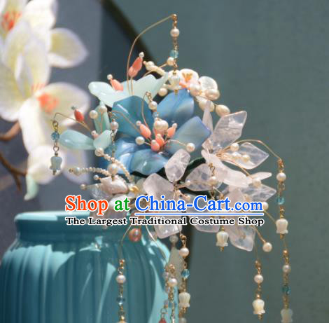 Traditional Chinese Hanfu Hair Accessories Ancient Princess Blue Flowers Tassel Hairpins for Women