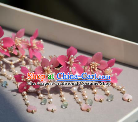 Traditional Chinese Hanfu Hair Accessories Ancient Princess Pink Flowers Hair Crown Tassel Hairpins for Women
