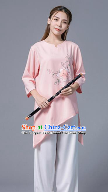 Asian Chinese Martial Arts Traditional Kung Fu Printing Peach Blossom Pink Costume Tai Ji Training Group Competition Uniform for Women