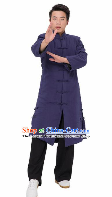 Asian Chinese Traditional Martial Arts Kung Fu Costume Tai Ji Taoist Priest Navy Cotton Padded Coat for Men