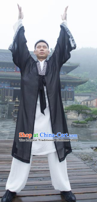 Asian Chinese Traditional Martial Arts Kung Fu Costume Wudang Taoist Priest Tai Ji Black Robe for Men
