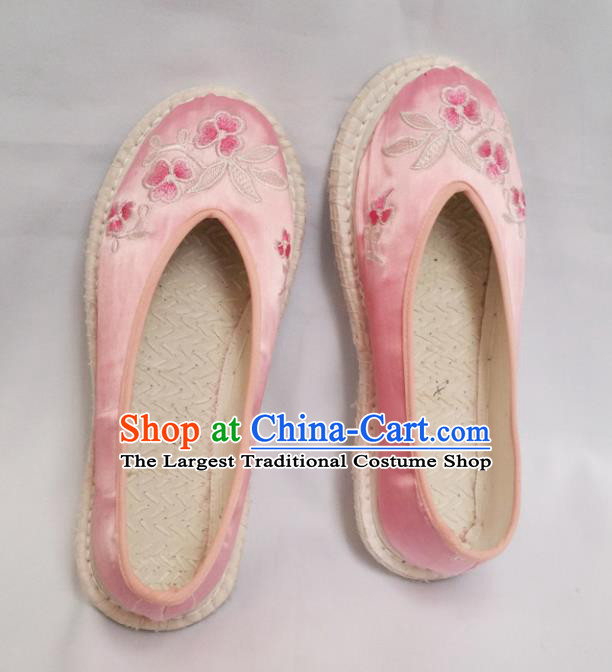 Chinese Ancient Princess Shoes Traditional Embroidered Pink Satin Shoes Hanfu Shoes for Women