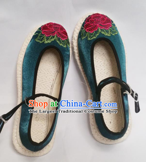 Chinese Ancient Princess Shoes Traditional Cloth Shoes Hanfu Shoes Deep Green Embroidered Shoes for Women