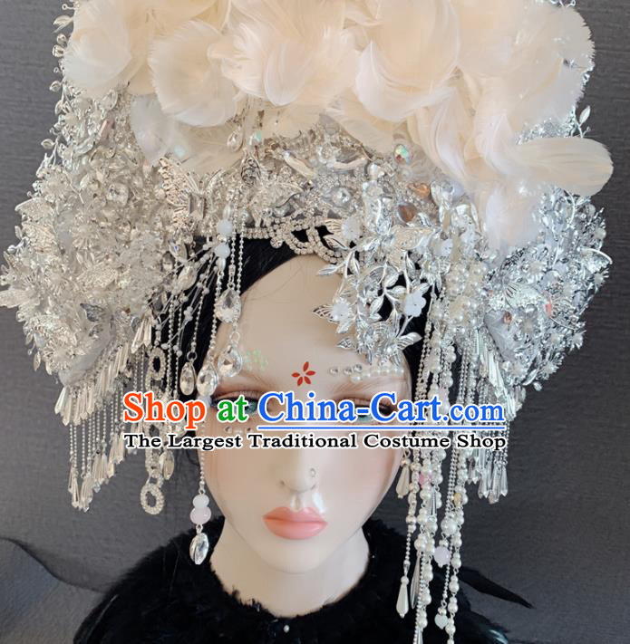Chinese Handmade White Feather Phoenix Coronet Hair Accessories Halloween Modern Fancywork Headwear for Women