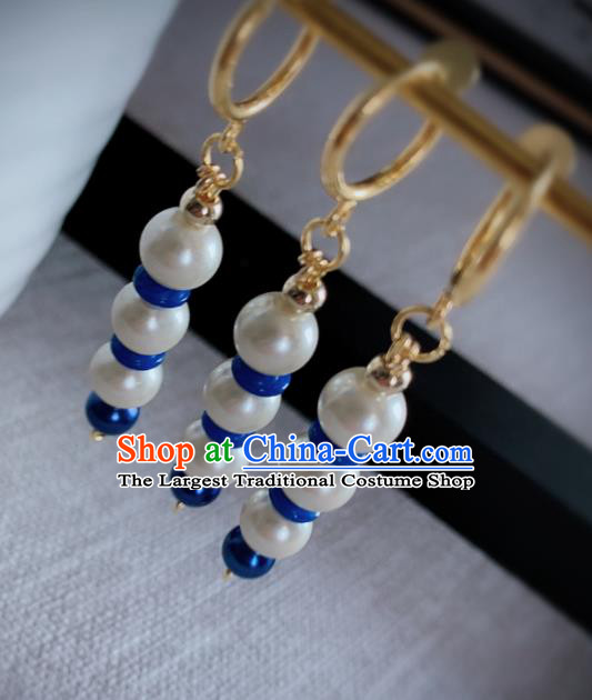 Chinese Traditional Ancient Qing Dynasty Manchu Lady White Beads Earrings for Women