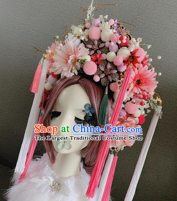 Handmade Chinese Ancient Queen Luxury Pink Flowers Hair Accessories Halloween Modern Fancywork Headwear for Women