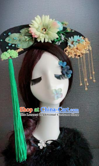 Traditional Chinese Ancient Palace Green Flower Hair Accessories Qing Dynasty Queen Headwear for Women