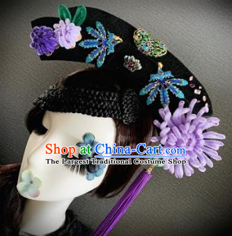 Traditional Chinese Ancient Palace Light Purple Velvet Chrysanthemum Hair Accessories Qing Dynasty Queen Headwear for Women