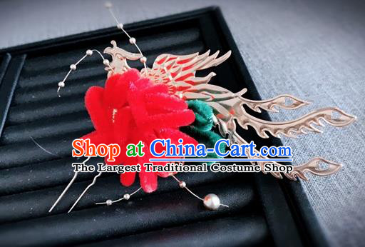 Traditional Chinese Ancient Qing Dynasty Palace Queen Red Velvet Chrysanthemum Phoenix Hairpins Headwear Hair Accessories for Women
