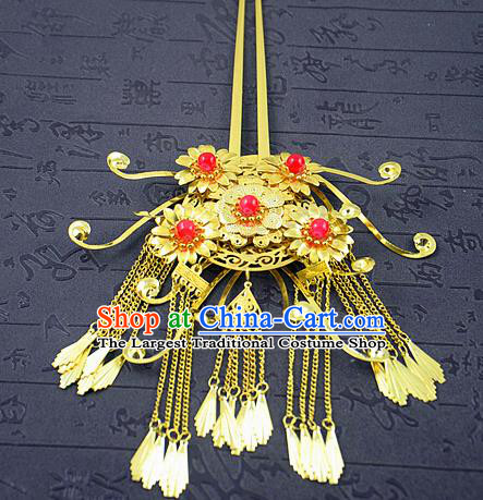 Chinese Ancient Bride Golden Hairpins Traditional Palace Hanfu Tassel Step Shake Hair Accessories for Women