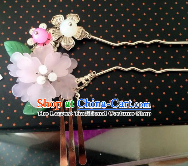 Chinese Ancient Bride Pink Flower Hairpins Traditional Palace Hanfu Tassel Step Shake Hair Accessories for Women
