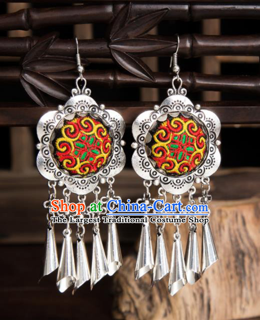 Top Grade Chinese Traditional Ethnic Accessories Miao Nationality Red Embroidered Earrings for Women