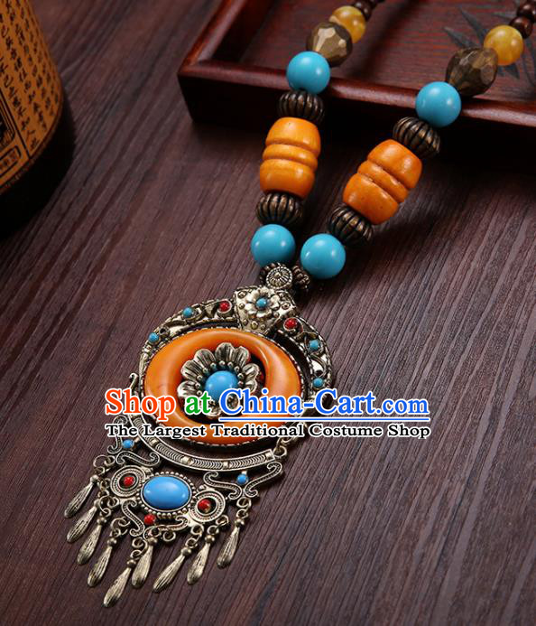 Handmade Chinese Zang Nationality Necklace Traditional Ethnic Orange Necklet Accessories for Women