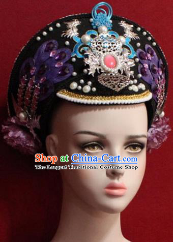 Chinese Ancient Manchu Empress Headwear Purple Phoenix Hat Traditional Qing Dynasty Queen Hair Accessories for Women