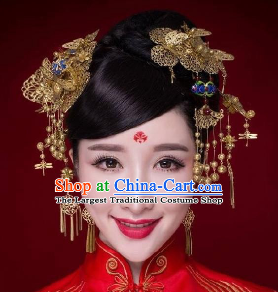 Chinese Ancient Bride Cloisonne Hairpins Traditional Palace Wedding Hair Accessories Complete Set for Women