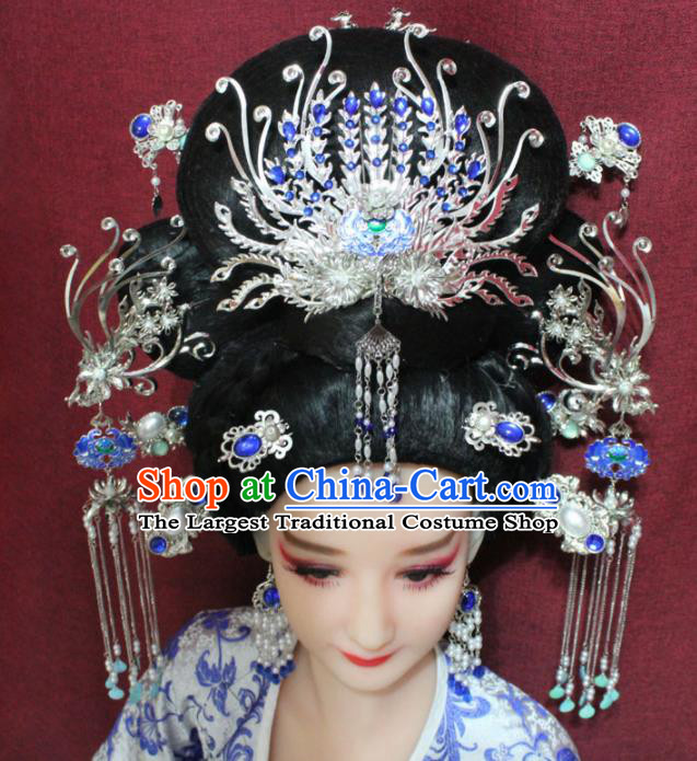 Chinese Ancient Queen Tassel Cloisonne Phoenix Coronet Hairpins Traditional Palace Wedding Hair Accessories for Women