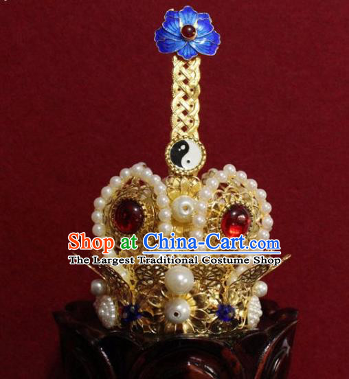 Handmade Chinese Taoism Pearls Golden Hairdo Crown Traditional Ancient Taoist Swordsman Hair Accessories for Men