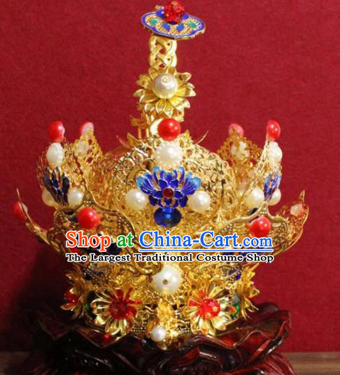 Handmade Chinese Taoism Cloisonne Golden Hairdo Crown Traditional Ancient Taoist Swordsman Hair Accessories for Men