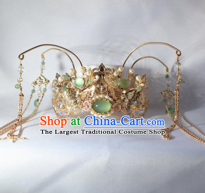 Chinese Ancient Princess Palace Green Chalcedony Tassel Hair Crown Hairpins Traditional Handmade Hanfu Hair Accessories for Women