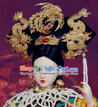 Chinese Ancient Palace Concubine Golden Dragon Phoenix Headwear Traditional Qing Dynasty Manchu Imperial Consort Hair Accessories for Women