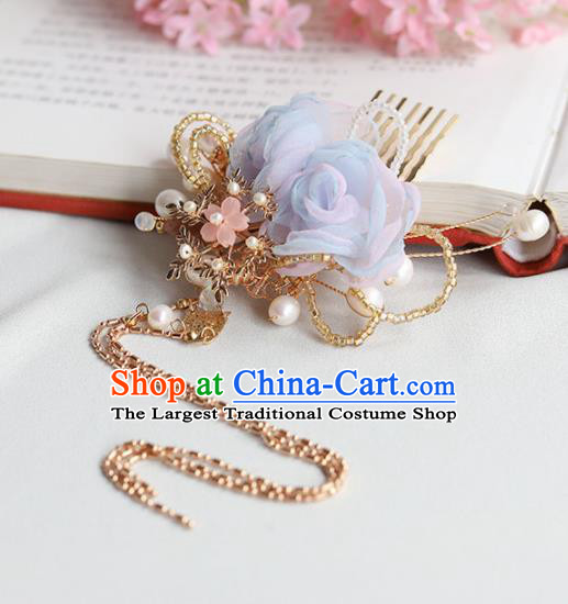 Chinese Ancient Princess Blue Flowers Hair Comb Hairpins Traditional Hanfu Hair Accessories for Women