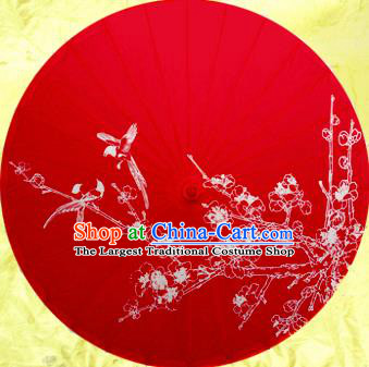 Handmade Chinese Traditional Wedding Umbrellas Ancient Printing Plum Blossom Red Oiled Paper Umbrella