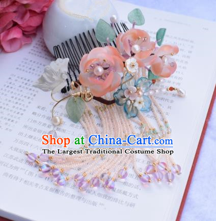 Chinese Ancient Princess Palace Pink Flowers Hair Combs Hairpins Traditional Handmade Hanfu Hair Accessories for Women