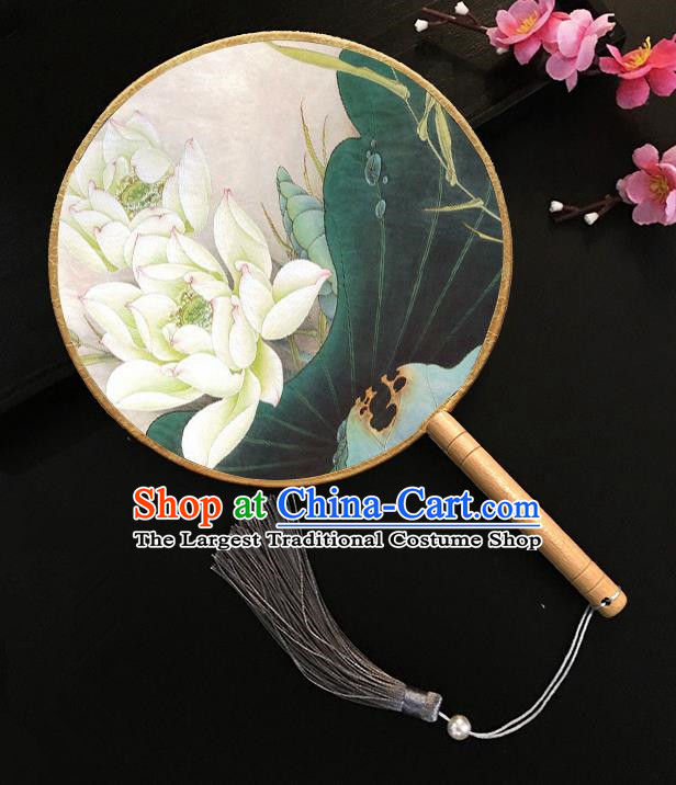 Chinese Handmade Classical Palace Fans Painting Lotus Silk Round Fan for Women