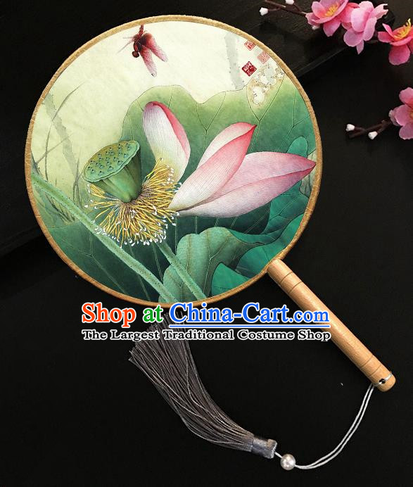 Chinese Handmade Classical Palace Fans Printing Lotus Dragonfly Silk Round Fan for Women