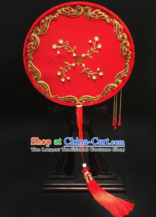 Chinese Handmade Classical Palace Fans Traditional Wedding Bride Red Round Fan for Women