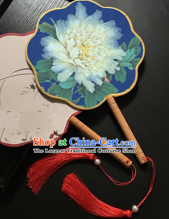 Chinese Handmade Classical Palace Fans Traditional Printing Peony Blue Hanfu Fan for Women