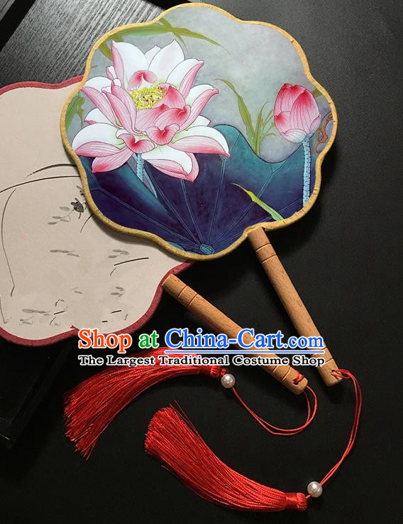 Chinese Handmade Classical Palace Fans Traditional Printing Pink Lotus Hanfu Fan for Women