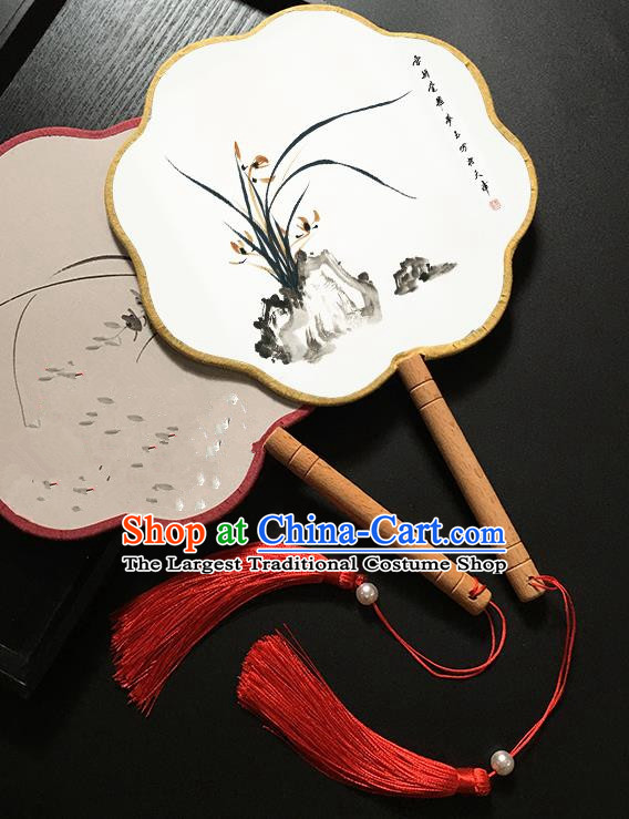 Chinese Handmade Classical Palace Fans Traditional Ink Painting Orchid Hanfu Fan for Women