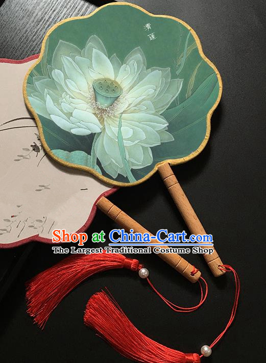 Chinese Handmade Classical Palace Fans Traditional Ink Painting Lotus Green Hanfu Fan for Women