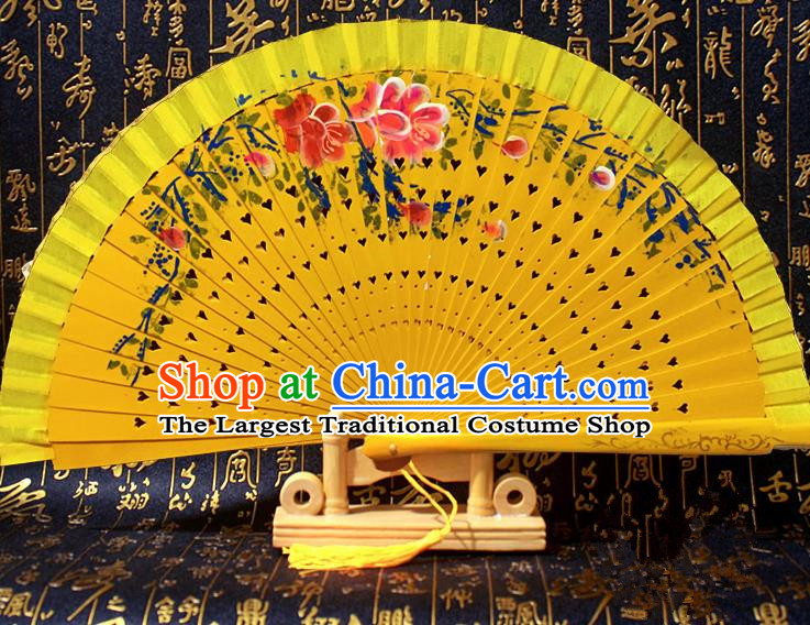 Chinese Handmade Classical Folding Fans Printing Flowers Yellow Wood Accordion Fan for Women