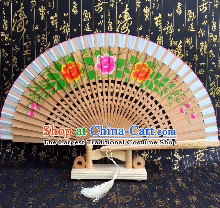 Chinese Handmade Classical Folding Fans Printing Flowers Wood Accordion Fan for Women