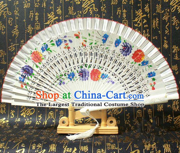 Chinese Handmade Classical Folding Fans Printing Flowers Wood White Silk Accordion Fan for Women