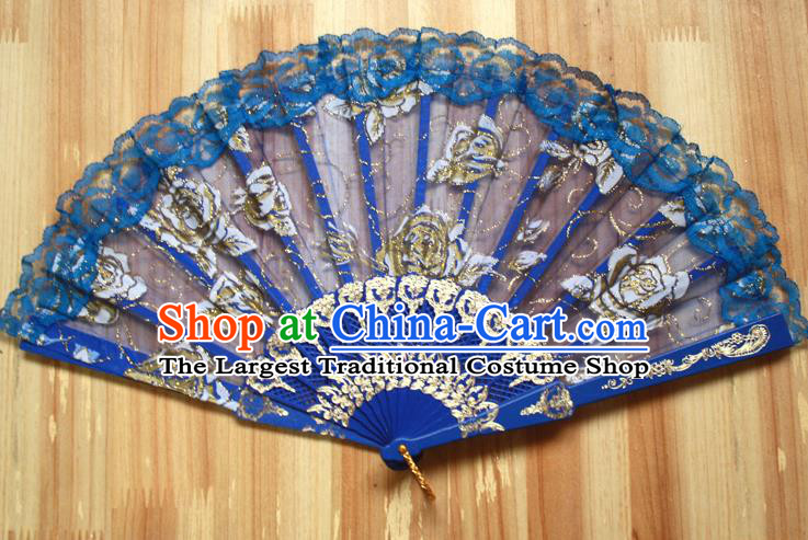 Chinese Handmade Folk Dance Royalblue Lace Rose Folding Fans Classical Accordion Fan for Women
