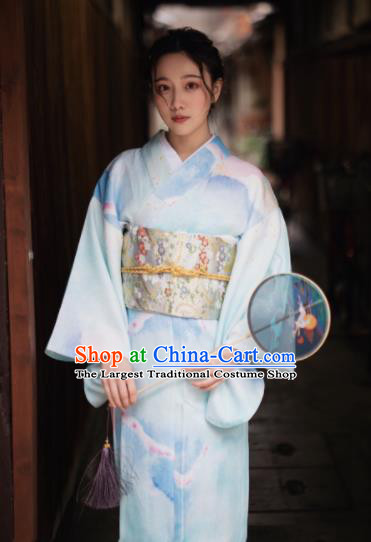Japanese Handmade Light Blue Kimono Costume Japan Traditional Yukata Dress for Women