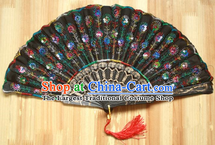 Chinese Handmade Classical Folding Fans Folk Dance Colorful Paillette Silk Accordion Fan for Women