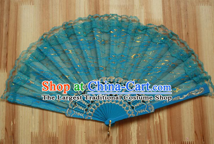 Chinese Handmade Classical Blue Lace Folding Fans Folk Dance Accordion Fan for Women