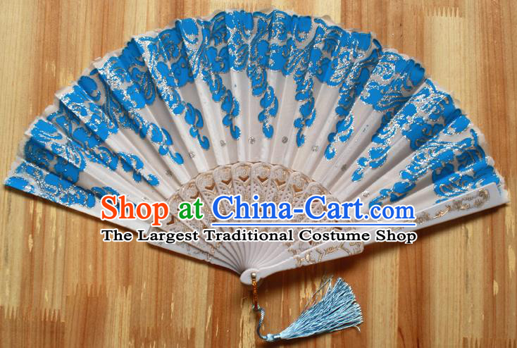 Chinese Handmade Classical Blue Folding Fans Folk Dance Accordion Fan for Women