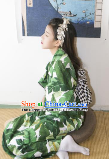 Japanese Handmade Printing Green Kimono Japan Traditional Yukata Dress Costume for Women