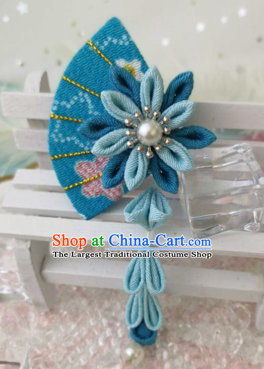 Japanese Handmade Kimono Hair Accessories Japan Traditional Blue Fan Tassel Hairpins for Women