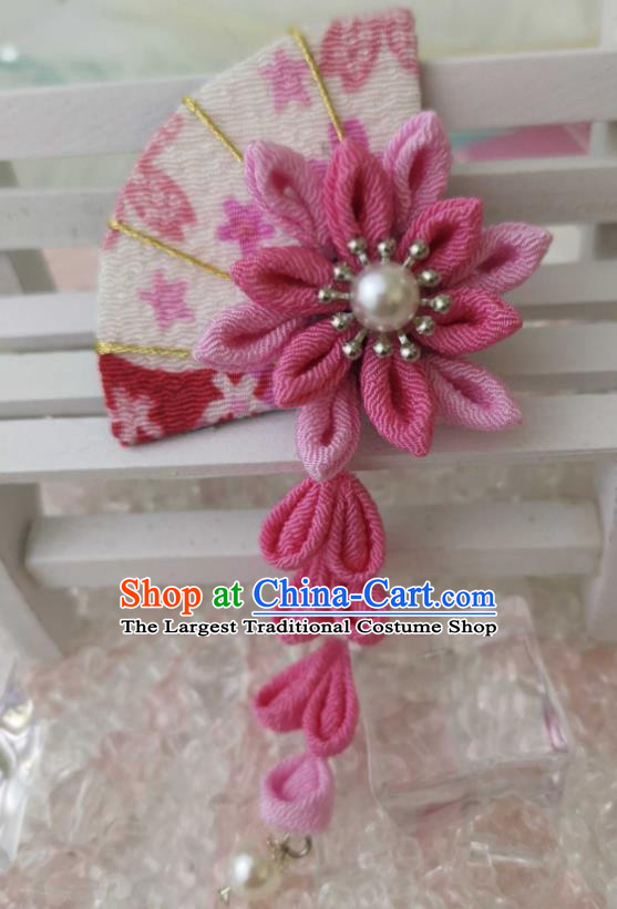Japanese Handmade Kimono Pink Fan Hair Accessories Japan Traditional Tassel Hairpins for Women
