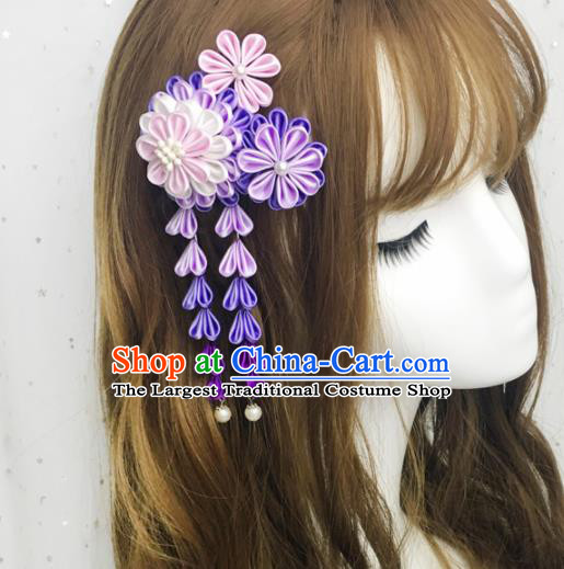 Japan Traditional Yukata Purple Flowers Tassel Hairpins Japanese Handmade Kimono Hair Accessories for Women