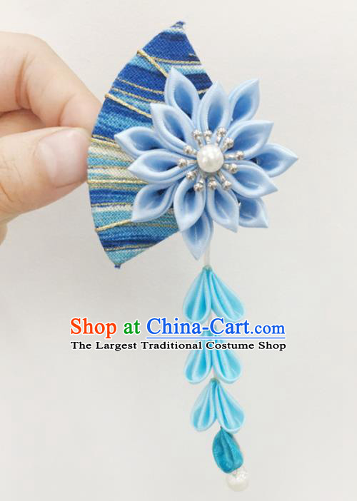 Japan Traditional Yukata Blue Fan Flowers Tassel Hair Claw Japanese Handmade Kimono Hair Accessories for Women